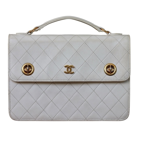 CHANEL Ultra Rare Vintage Double Turnlock Briefcase Quilted Lambskin Small White - Picture 1 of 14